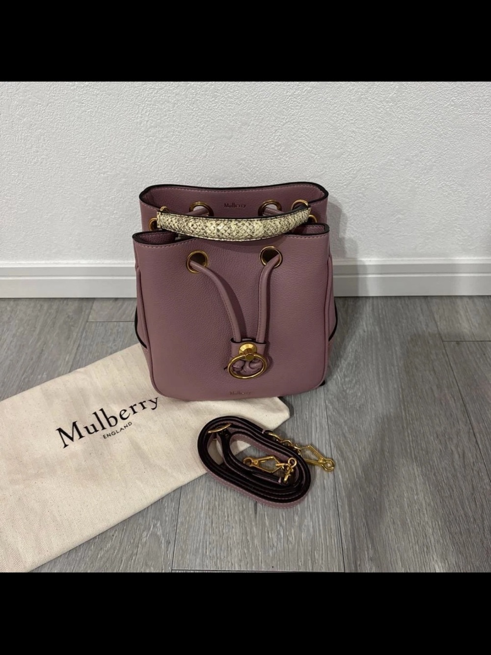Mulberry Mauve Leather Drawstring Bucket Bag with Braided Handle